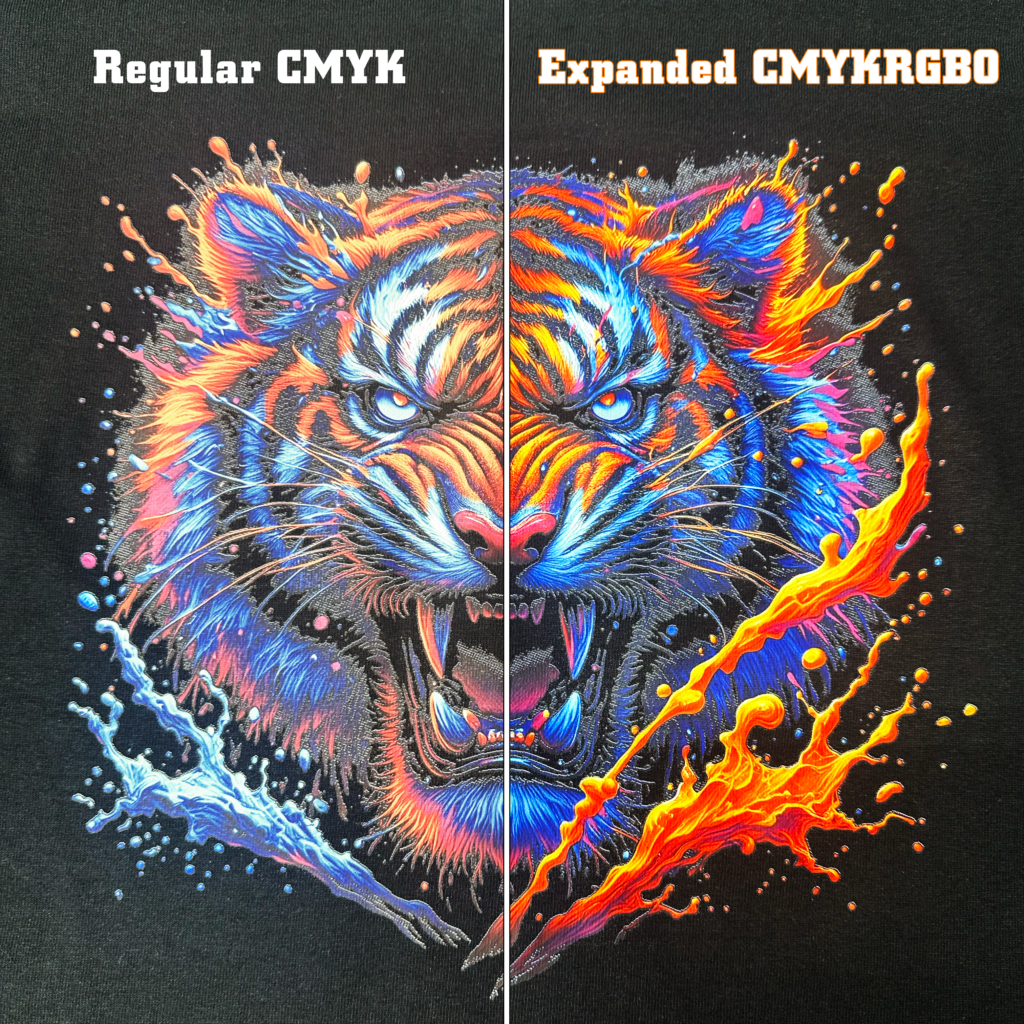 Side by side comparison of CMYK Printer DTF vs CMYKRGBO Printer DTF